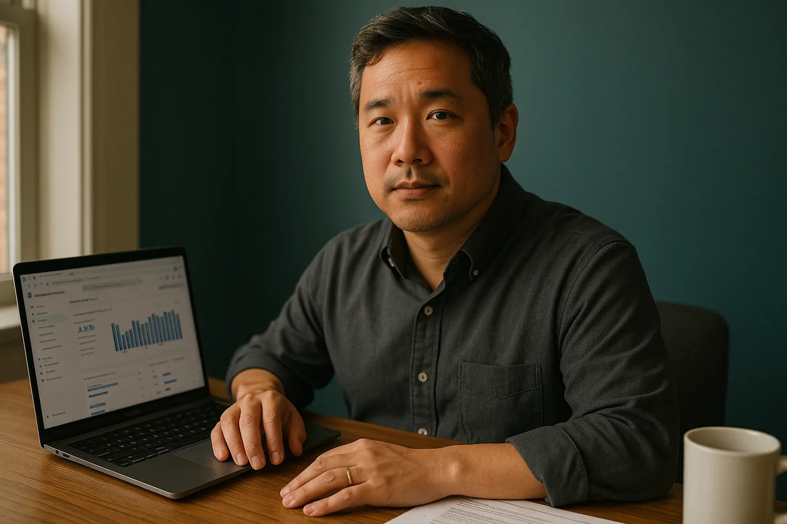 Brian Hong, Co-Founder and CEO of Magister Digital, at his New Orleans desk reviewing a client revenue dashboard.