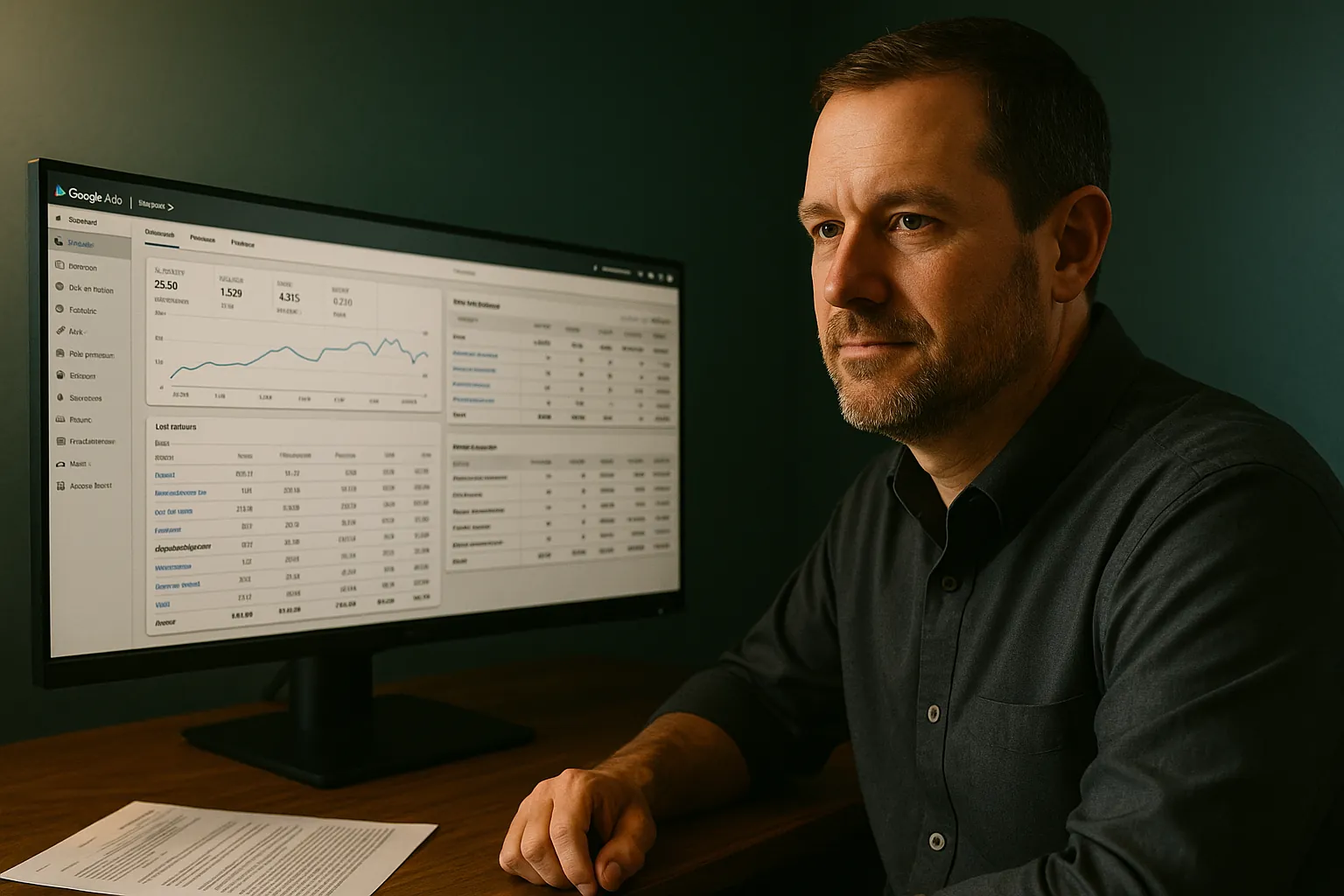 Dimitry Morgan, Co-Founder and Head of Paid Media of Magister Digital, reviewing a Google Ads and Meta spend-to-booked-appointments report.
