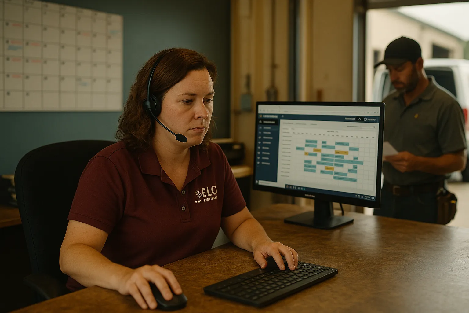 A home services crew arriving on a job, the work Magister Digital measures in booked jobs.