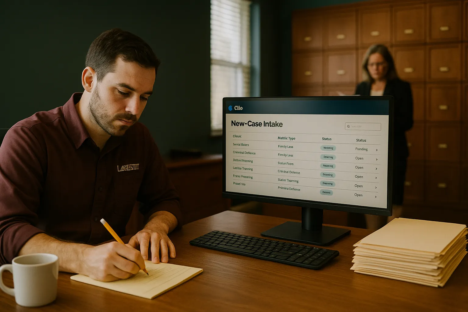 A law firm intake desk, the work Magister Digital measures in qualified case intakes.