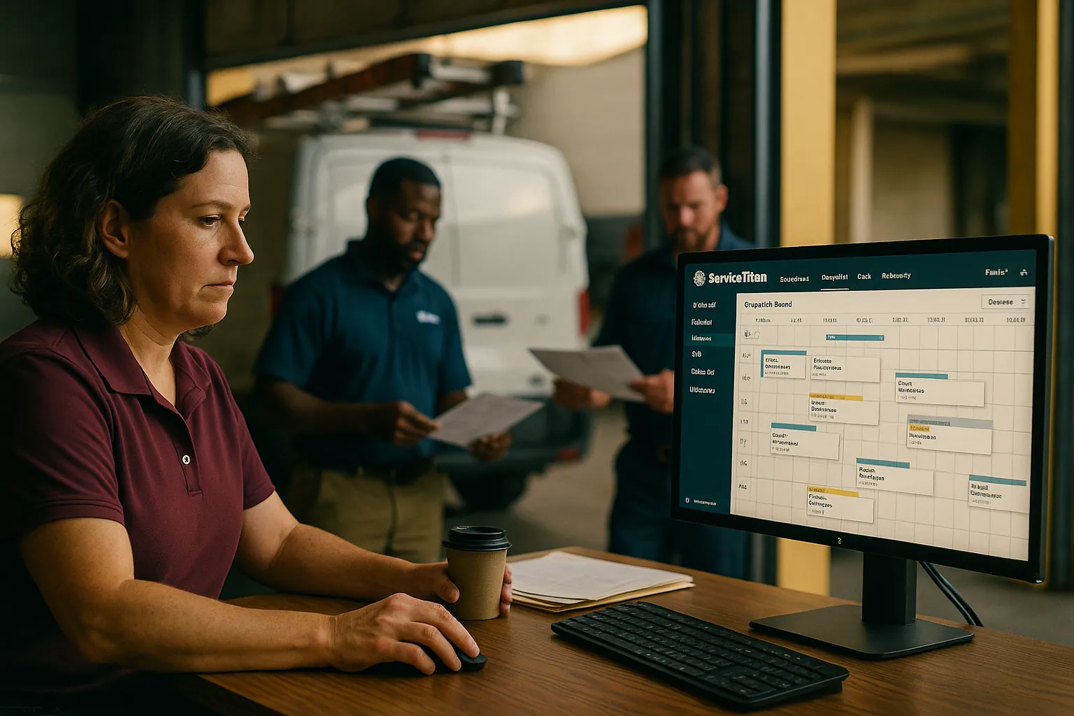 Home services contractor reviewing a crew scheduling board and weekly dispatch assignments at an operations desk. Documentary-style home-services operator photo.