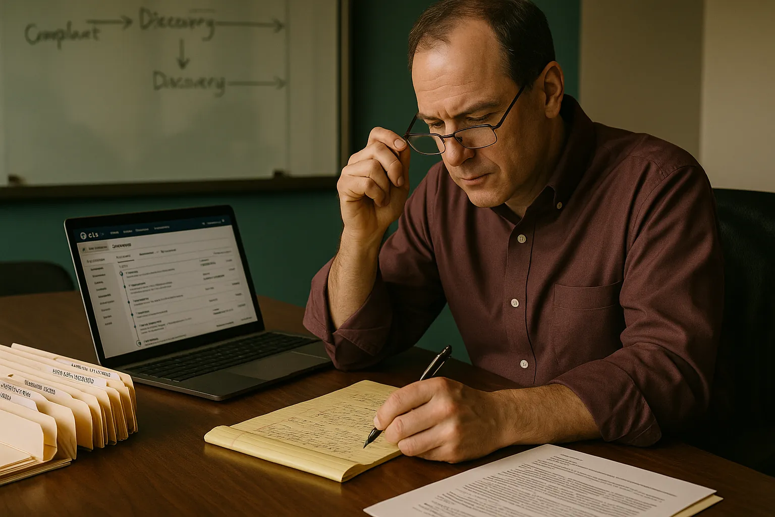 Attorney reviewing a tabbed case folder and printed exhibit binders at a law office conference table, with case notes spread across the surface. Documentary-style law firm case preparation photo.