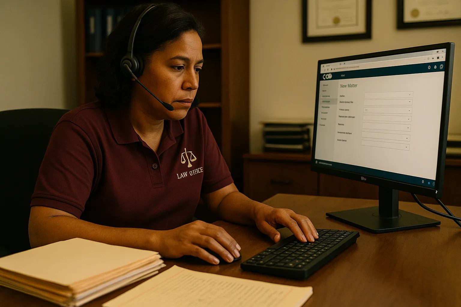 Law firm intake coordinator on a call at a desk with a case management screen open, handling a new client inquiry for a personal injury practice. Documentary-style legal intake operations photo.