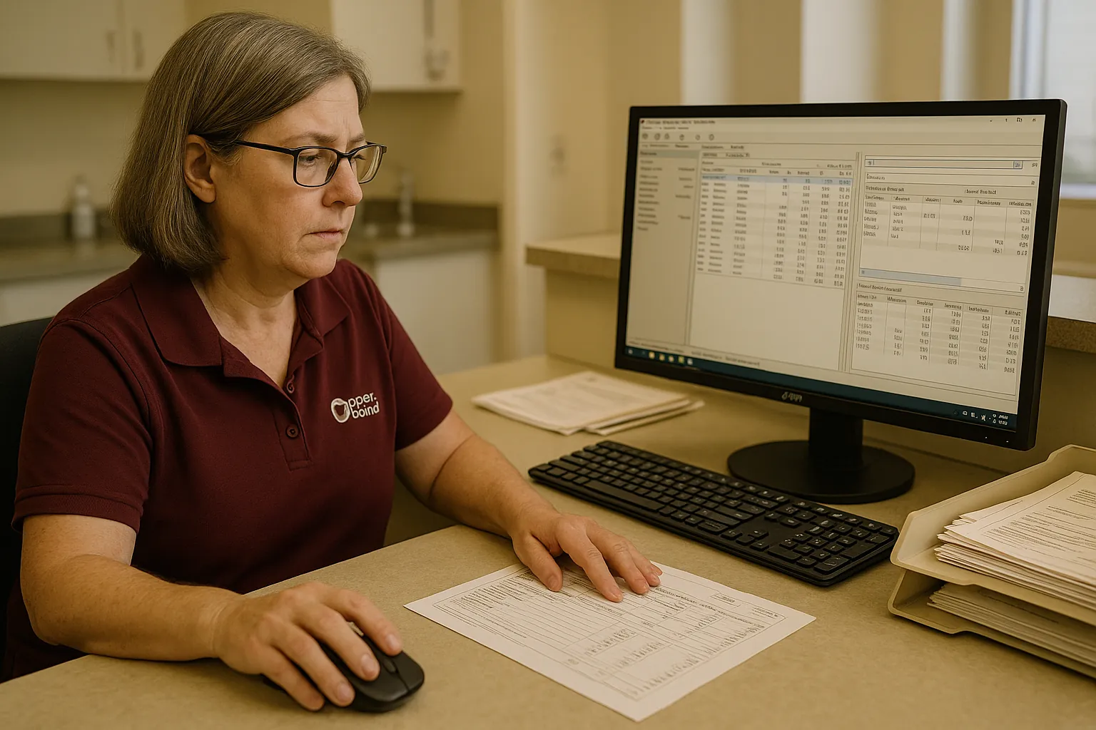 Medical practice billing station with insurance verification and appointment scheduling software open on a dual-monitor desk. Documentary-style medical practice operations photo.