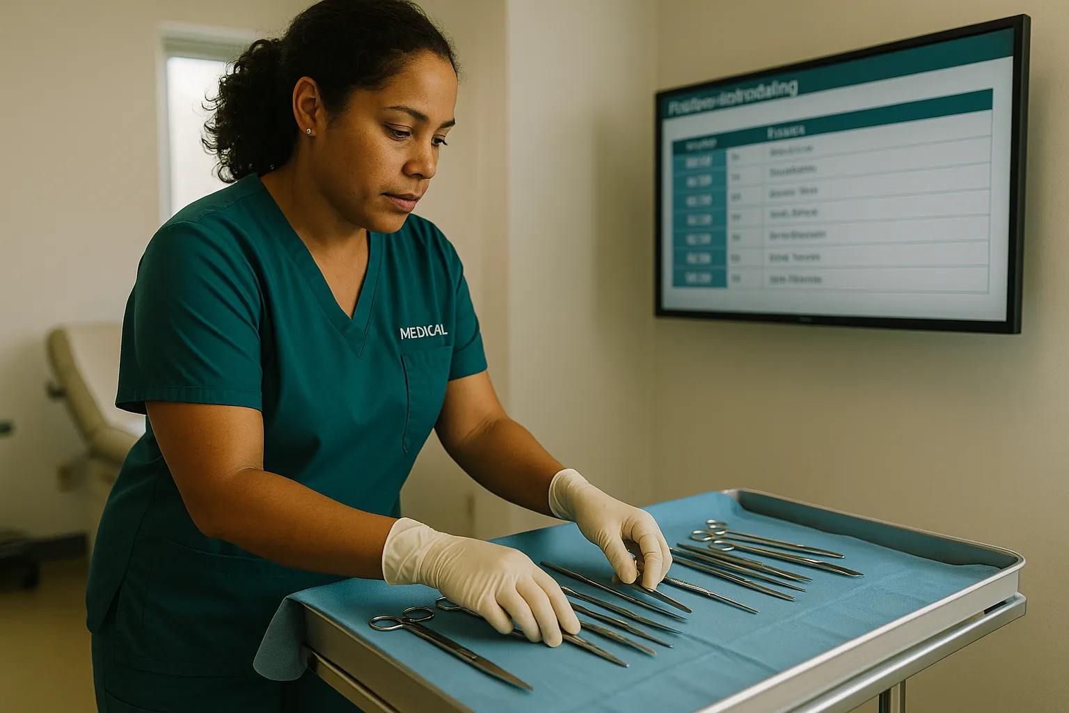 Aesthetic medicine treatment room with clean overhead lighting, a procedure chair, and clinical equipment staged for a patient consult. Documentary-style medical practice environment photo.
